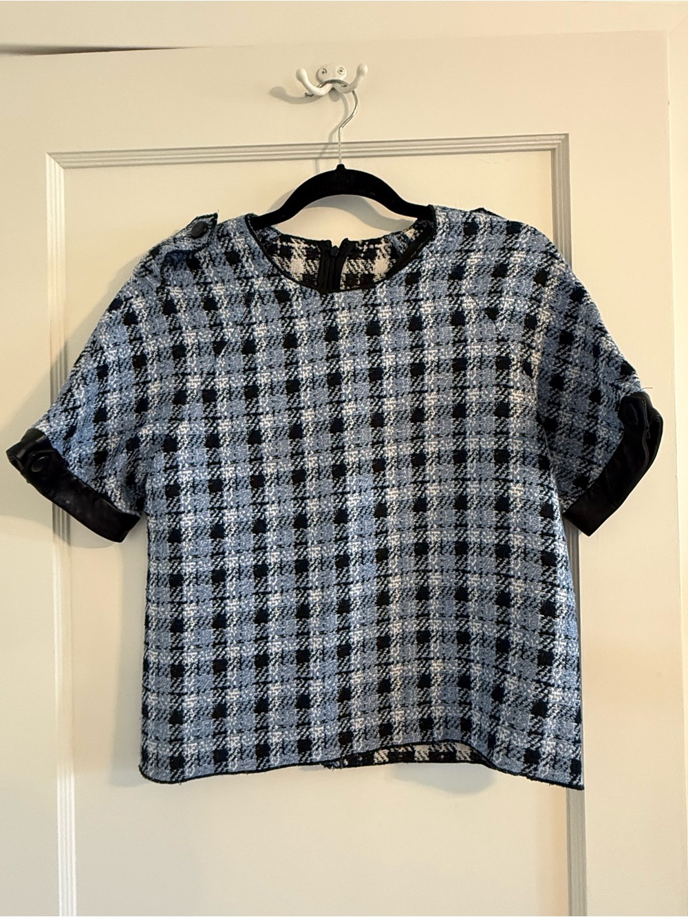 Blue & Black Plaid Tweed Top